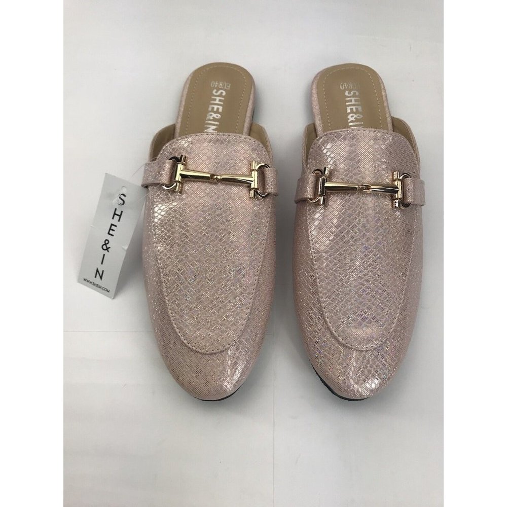 Shein Flats Womensโ 9 Pink Iridescent Gold Hardware Faux Lizard Print